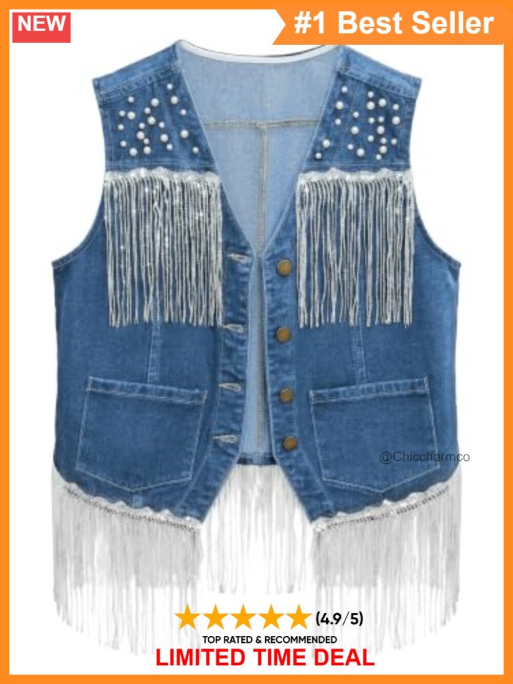 Fringe Denim Vest Cropped Pearl Button Western Cowgirl Layering Top
